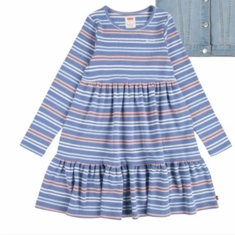 Levi's Girl’s Pink and Blue Striped Tiered Cotton Dress Size L (14/16) Spring
